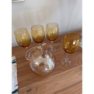 Amber | Gold Vintage Bubble  Decanter and 4 Hand Blown Wine Glasses
